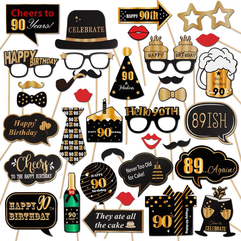 LINGTEER Happy 90th Birthday Party Photo Booth Props,Cheers to 90th Birthday Ninety Years Old Bday Party Centerpieces Props Decorations Sign. - Image 1
